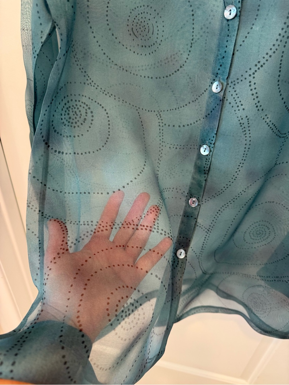 100% silk DUE per DUE Teal Sheer Button-Front Blouse - Picture 4 of 6